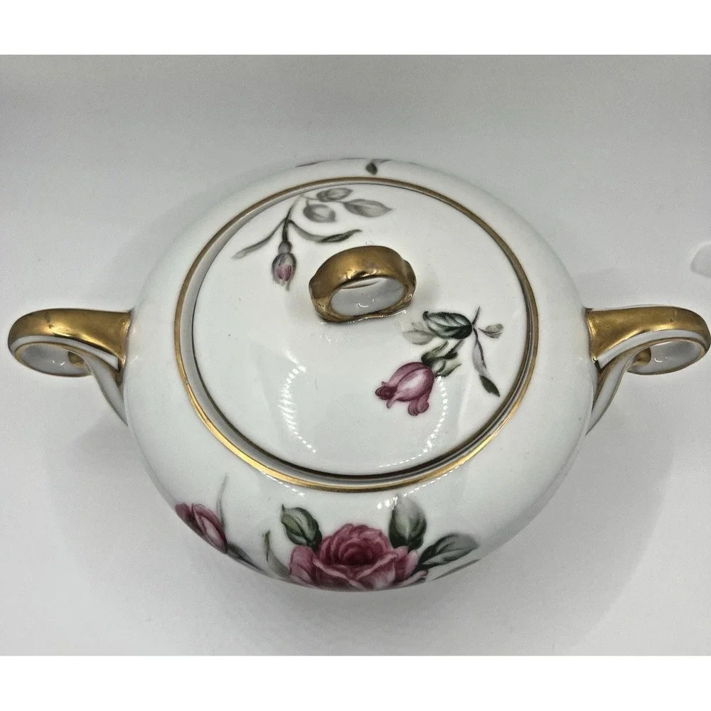 Wentworth China Cameo Rose Creamer and Covered Sugar Bowl Eterna Shape Gold Trim